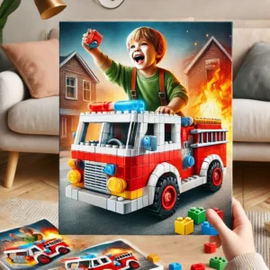 DALL·E 2024 12 12 17.42.07 A vibrant illustration of a child enthusiastically playing with a toy fire truck constructed from colorful building blocks set against a cozy living 1