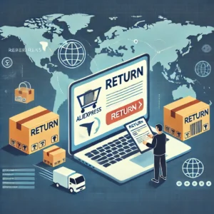 DALL·E 2024 12 13 05.39.58 An illustration showing a laptop and tablet with a return label and a customer navigating AliExpress return options on a screen. The background can in 1