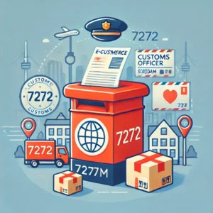 DALL·E 2024 12 13 21.41.45 An illustration showing a postbox labeled 7272 in Schiedam with e commerce parcels around it. The background includes a customs officer symbol and s 1