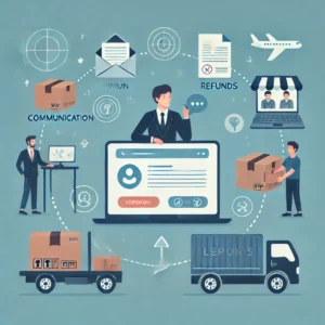 DALL·E 2024 12 18 07.12.03 A professional blog header illustration showing a customer sending a message to an online store about a returned package with icons representing comm 1