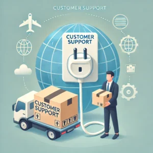 DALL·E 2024 12 19 07.44.56 A professional yet approachable illustration of a customer support concept featuring a stylized package delivery and a plug that doesnt fit the sock 1