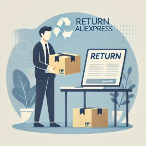 DALL·E 2024 12 21 07.14.48 An illustration showing a person preparing to return a package to AliExpress. The person is holding a parcel while checking the return details on thei 1