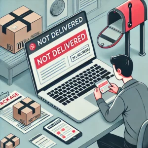 DALL·E 2024 12 21 07.46.39 An illustration showing a concerned person checking their package tracking status on a laptop. The screen displays a not delivered message. The sett 1