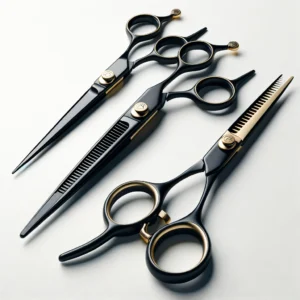 DALL·E 2024 12 22 04.49.02 A professional black and gold grooming scissors set for dogs displayed on a clean white background with a touch of elegance. The set includes straigh 1