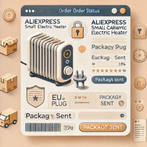 DALL·E 2024 12 25 06.56.45 A blog illustration showcasing an AliExpress order status with a focus on an EU plug small ceramic electric heater. The design features elements like 1