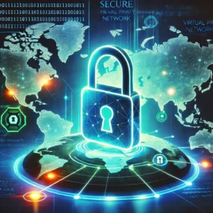 DALL·E 2024 12 30 08.37.17 A modern sleek digital illustration of a secure virtual private network VPN concept. The image features a glowing lock icon overlaid on a world map 1