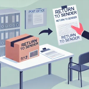 DALL·E 2024 12 31 18.30.12 An illustration of a package being returned to a post office box with a label marked Return to Sender. The setting shows a workplace desk in the ba 1