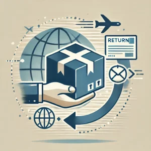 DALL·E 2025 01 01 07.42.54 A modern illustration showing a package being returned to a seller. The design includes a mail icon arrows indicating the return process and a globe 1