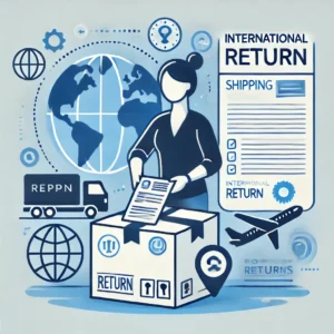 DALL·E 2025 01 02 07.10.43 An illustration of a customer preparing an international return package. The design shows a package with a shipping label a globe in the background 1