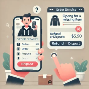 DALL·E 2025 01 03 06.09.51 A friendly customer service scenario showing a user on their phone opening a dispute for a missing item on an online shopping platform. The setting is 1