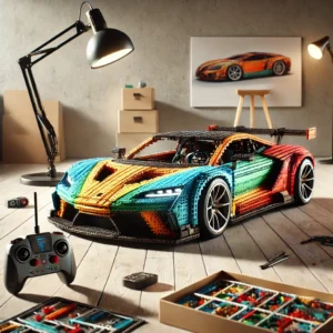 DALL·E 2025 01 04 07.06.18 A vibrant and engaging image of a 1 10 scale model electric sports car made from colorful building blocks displayed in a modern well lit environment 1