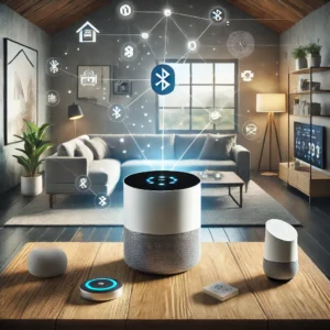 DALL·E 2025 01 04 08.21.28 An artistic representation of a smart home setup featuring the Tuya Smart Gateway Hub with Bluetooth compatibility. The hub is showcased as a sleek de 1