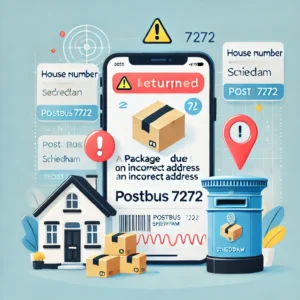 DALL·E 2025 01 09 07.31.11 An informative blog image depicting a package being returned due to an incorrect address with icons showing a house number error and a postbox labele 1