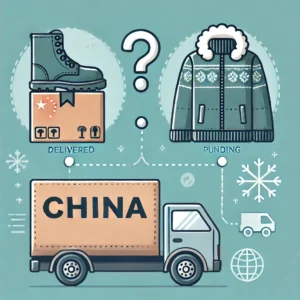 DALL·E 2025 01 09 14.39.46 An educational blog image showing a pair of delivered shoes and a pending winter jacket with icons representing China and a question mark for shippin 1