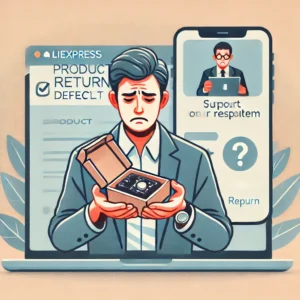 DALL·E 2025 01 11 21.02.13 A professional illustration showing a disappointed customer holding a defective product with a laptop displaying an AliExpress interface. The backgro 1