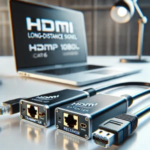 DALL·E 2025 01 12 03.56.41 A pair of HDMI extenders with RJ45 connectors one labeled Transmitter and the other Receiver set against a clean professional background. The e 1