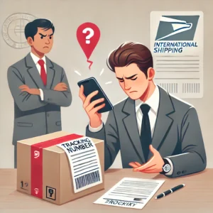 DALL·E 2025 01 13 06.34.52 A professional and neutral illustration of a package with a tracking number sticker sitting on a desk with a frustrated customer holding their phone 1