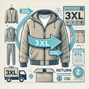 DALL·E 2025 01 14 19.05.09 A conceptual illustration of a customer returning a clothing item due to a size issue. The image shows a jacket or tracksuit top with a size label 3X 1