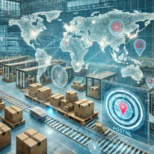 DALL·E 2025 01 16 16.07.15 A conceptual illustration representing international package tracking and delivery logistics. The image features a postal sorting facility with packag 1