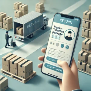 DALL·E 2025 01 18 08.07.15 A conceptual illustration of a customer tracking a returned package on a smartphone screen. The background includes a delivery warehouse and a custome 1