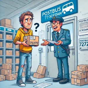 DALL·E 2025 01 19 05.31.39 An illustration of a confused customer holding a package near a postal office with a sign that reads Postbus 7272 Schiedam. The customer looks frus 1