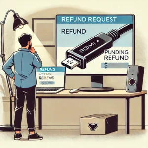 DALL·E 2025 01 19 05.36.26 An illustration of a person looking at a broken HDMI switch while checking a refund request on a computer screen. The screen displays a pending refund 1