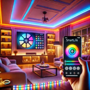 DALL·E 2025 01 19 05.45.27 A modern and vibrant RGBIC LED strip light installed in a cozy and stylish home interior. The LED lights display multiple colors simultaneously creat 1