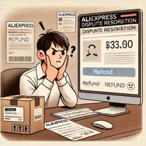 DALL·E 2025 01 20 09.15.56 A digital illustration of a frustrated online shopper looking at a computer screen displaying an AliExpress dispute resolution page. The shopper has a 1