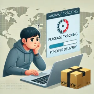 DALL·E 2025 01 20 15.00.38 A digital illustration of a customer eagerly checking a laptop screen for a package tracking update. The screen displays a tracking status with a load 1