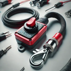 DALL·E 2025 01 21 06.01.39 A high quality product image of a universal boat motor kill stop switch with a safety lanyard. The switch is red designed for Yamaha Suzuki and Toh 1