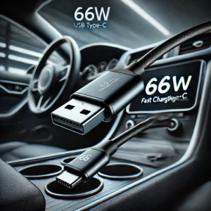 DALL·E 2025 01 21 07.04.44 A high quality product image of a 66W USB Type C fast charging cable designed for cars. The cable is black sleek and durable suitable for iPhone X 1