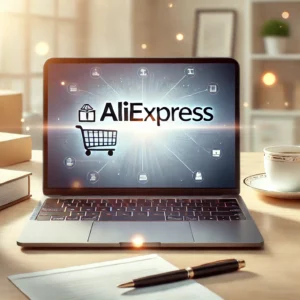 DALL·E 2025 01 21 18.07.47 A professional illustration featuring a laptop with the AliExpress logo on the screen placed on a clean desk setup with papers a pen and a coffee c 1