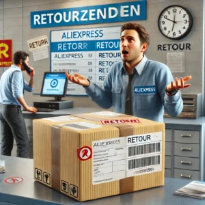 DALL·E 2025 01 21 19.06.53 A realistic digital illustration of a package being returned due to an incorrect postal code. The package is labeled as an AliExpress shipment and it 1