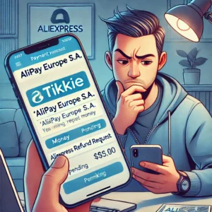 DALL·E 2025 01 21 19.11.44 A digital illustration of a person looking at a smartphone with a suspicious payment request labeled Alipay EUROPE LTD S.A. The screen shows a Tikk 1