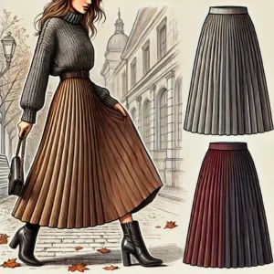 DALL·E 2025 01 22 05.29.15 A stylish digital illustration of a woman wearing a vintage pleated long skirt perfect for autumn and winter. The skirt is high waisted made of warm 1