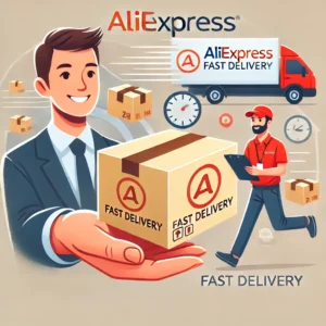DALL·E 2025 01 26 06.42.43 A fast delivery concept featuring a package with the AliExpress logo being handed to a happy customer at their doorstep. The background includes a cou 1