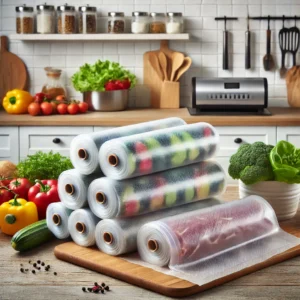 DALL·E 2025 01 27 05.37.12 A high quality image of vacuum sealed food storage bags neatly packed in rolls. The scene includes a clean kitchen counter with fresh ingredients lik 1