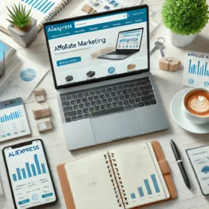 DALL·E 2025 01 27 10.57.29 A modern workspace setup with a laptop displaying the AliExpress website. Around the laptop there are notebooks a cup of coffee and a smartphone sh 1