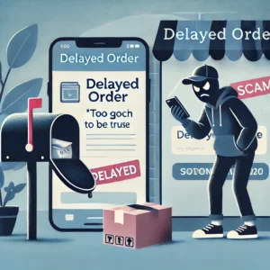 DALL·E 2025 02 16 09.45.15 An illustration showing an online shopping scam concept. A frustrated customer looking at an empty mailbox while holding a phone with a delayed order 1