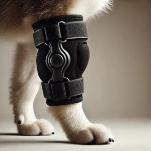 DALL·E 2025 02 19 04.56.39 A black adjustable dog knee brace designed for comfort and injury support. The brace is made of soft durable material and fits securely around a dog 1