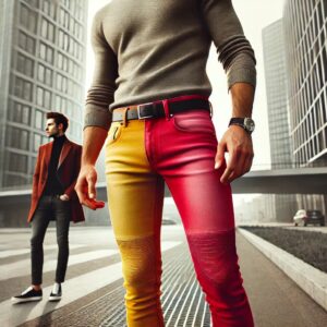 DALL·E 2025 02 24 06.36.40 A modern man in an urban setting with a mix of casual and business attire wearing a striking colorful denim stretch jeans such as yellow pink or 1