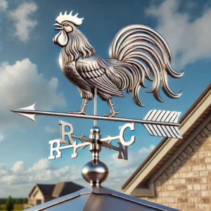DALL·E 2025 03 01 05.21.25 A high quality digital image of a stainless steel rooster weather vane installed on a rooftop. The weather vane is intricately designed showing the r 1