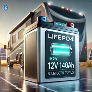 DALL·E 2025 03 06 04.50.57 A high tech LiFePO4 12V 140Ah battery in a futuristic setting. The battery is sleek and modern with a digital Bluetooth display showing charge status 1