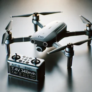DALL·E 2025 03 08 04.54.42 A high quality realistic image of an AE8 EVO Drone with a 7.4V 3400mAh battery placed beside it. The drone is sleek modern and compact with a futu 1