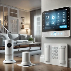 DALL·E 2025 03 12 04.56.10 A modern smart home security system setup featuring a sleek white control panel with a digital screen multiple wireless sensors on doors and windows 1