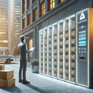 DALL·E 2025 03 14 05.01.08 A modern AliExpress package delivery concept illustration. The image shows a customer standing in front of a delivery locker or a post office looking 1