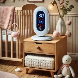 DALL·E 2025 03 17 05.07.19 Een stijlvolle en moderne babydoekjesverwarmer met LED display geplaatst op een houten commode in een babykamer. Het apparaat heeft een USB aansluiti 1