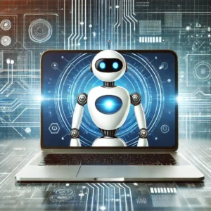 DALL·E 2025 03 20 04.57.10 A modern and sleek digital illustration of a chatbot on a laptop screen symbolizing AI powered customer service. The background features abstract dig 1