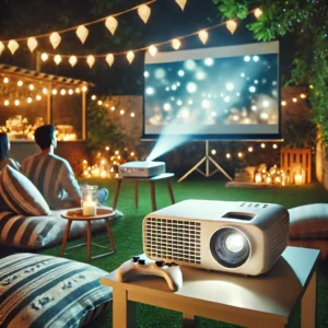 DALL·E 2025 03 22 05.14.19 A cozy outdoor movie night setup with a small modern white projector on a table projecting a bright image onto a screen in a garden setting at night 1