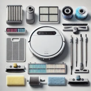 DALL·E 2025 03 23 05.37.43 A high quality photo realistic image of robotic vacuum cleaner accessories laid out neatly on a white surface. These include side brushes HEPA filter 1
